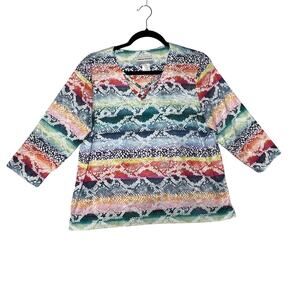 ALFRED DUNNER Blouse Womens Petite Medium Multicolor Print Stretch V Neck